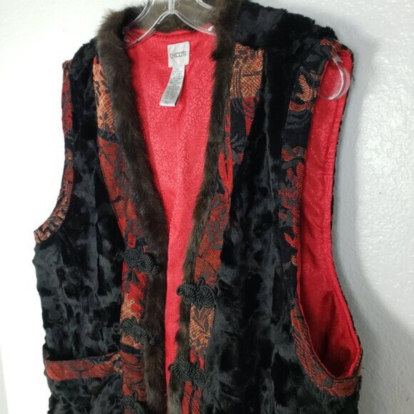 CHICO'S Vest Faux Fur Chinese Mandarin Style size XL Art-to-Wear Artsy Funky - Picture 5 of 11